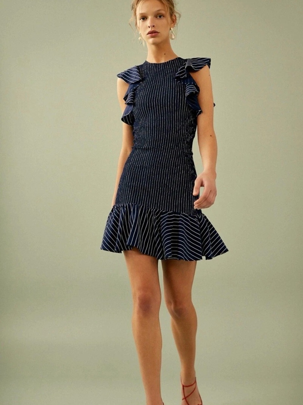 C/MEO Collective Navy and White Pinstripe Ruffle Mini Dress